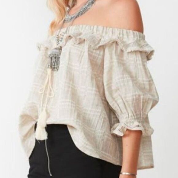Stevie May Boho Willowtop Sand Gingham Linen Top - Picture 1 of 9